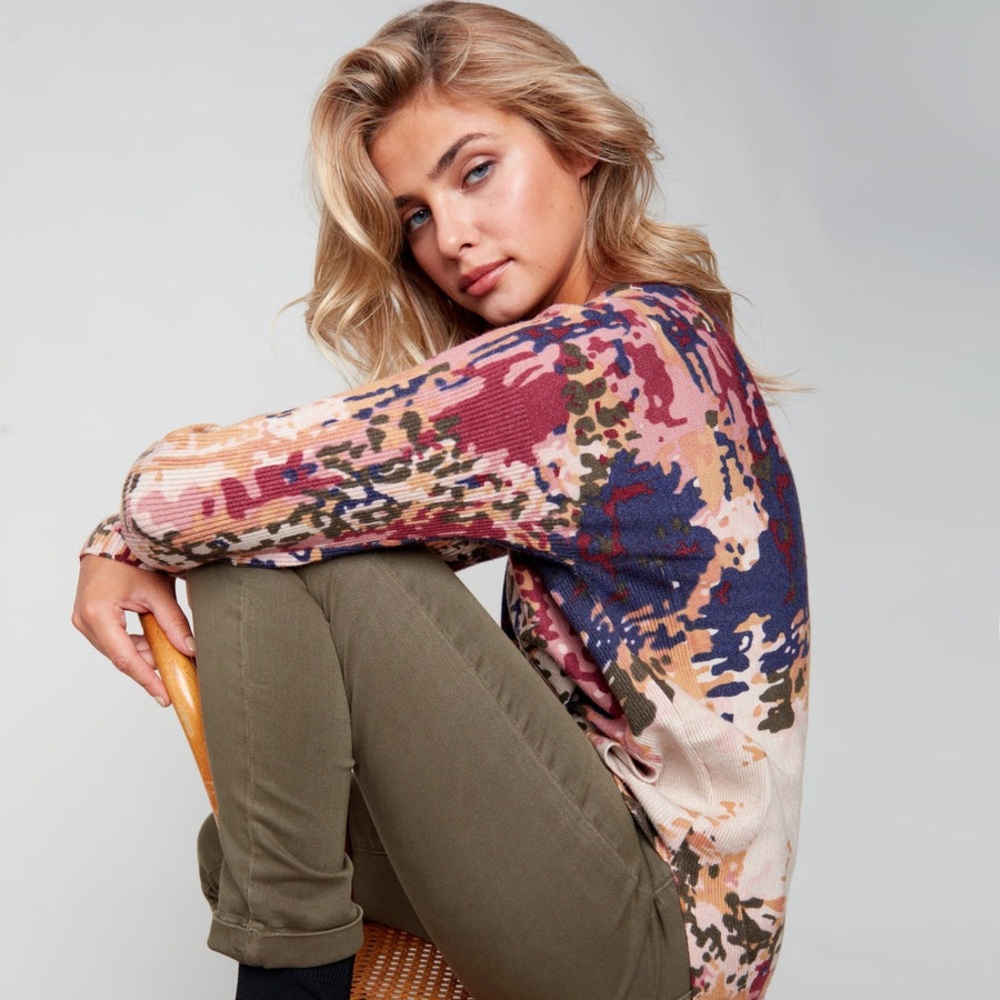 CHARLIE B Camo Plush Pocket Knit Sweater